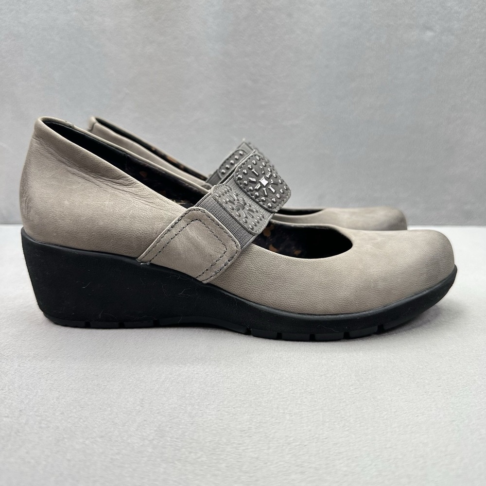 Womens 7.5-8 Aetrex Mia Mary Jane Gray Leather Wedge Arch Support Comfort Shoe